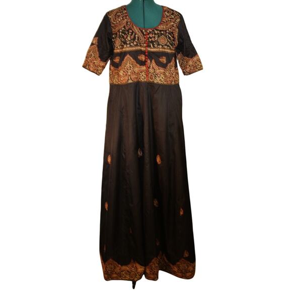 Vintage Black Embroidered Maxi Dress Boho Caftan Gown Paisley - Picture 1 of 7